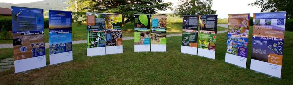 Freestanding banners of the eco-parables. Photo: A Rocha Switzerland